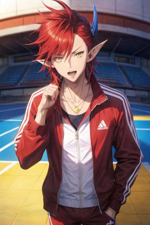 masterpiece, best quality, , 1boy, solo, male focus, looking at viewer, , depth of field, <lora:adelle_shironeko:0.66>, adelle_shironeko, red hair, yellow eyes, pointy ears, multicolored hair, , , track suit,