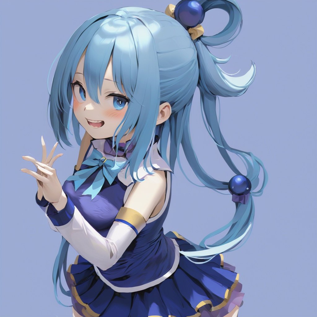 (masterpiece, best quality:1.2), 1girl, ksaqua grinning, hair rings, blue shirt, bow, detached sleeves