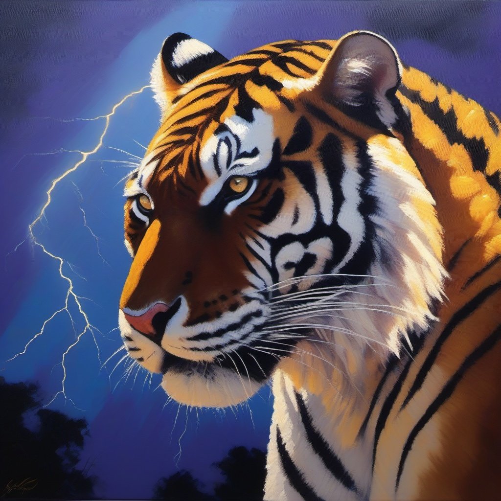  a low angle profile silhouette shot , a tiger, Palette knife oil painting ,backlit by a lightning storm  , hard rim lighting , hues of blue violet white amber, crepuscular light beams, dslr photography 