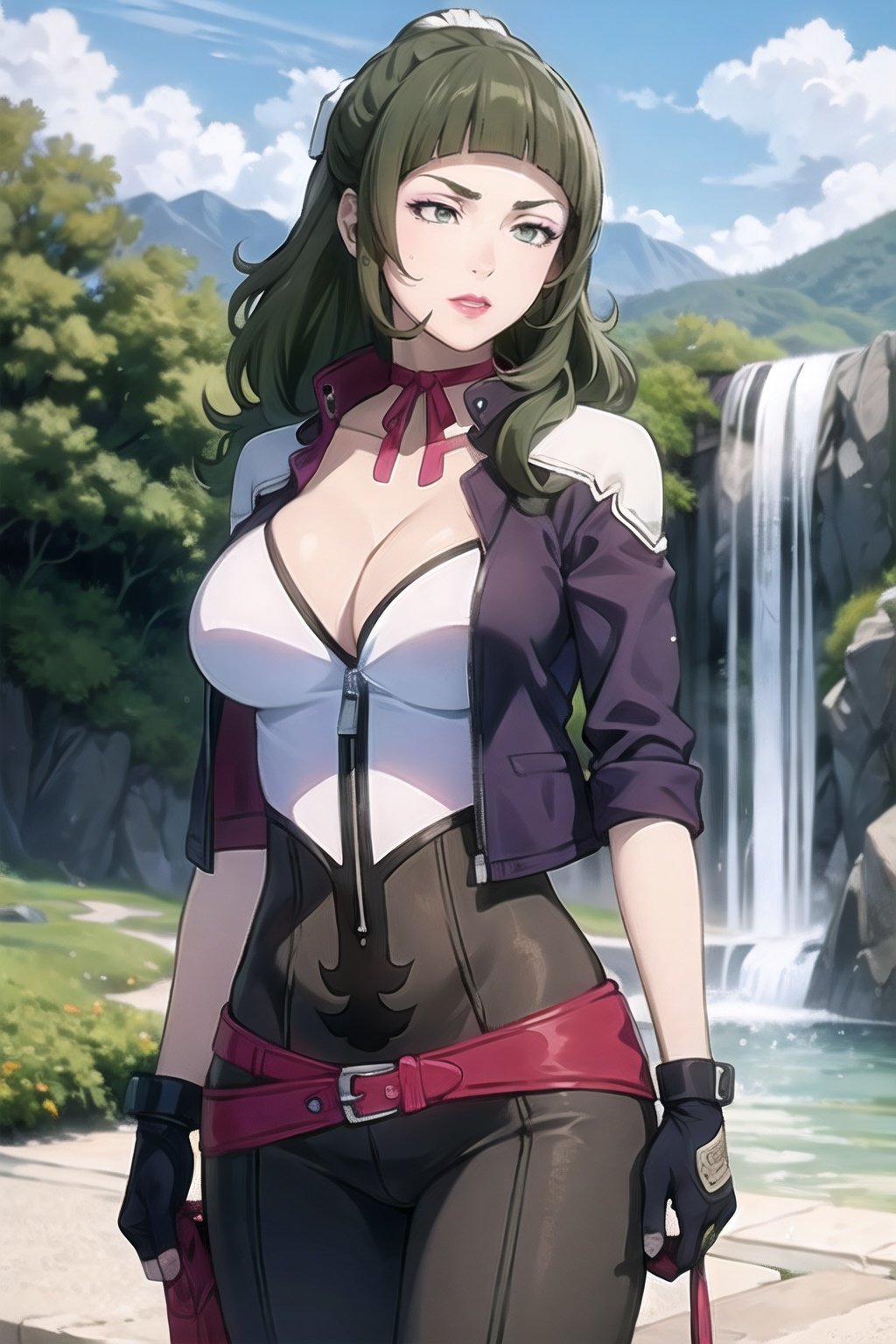 Chiaki_Garo_aiwaifu,aiwaifu,long hair,makeup,lipstick,bangs,blunt bangs,green hair,cleavage,large breasts,gloves,choker,green eyes,half updo,lips,eyebelt,black gloves,bodysuit,jacket,collarbone,ribbon,fingerless gloves,ponytail,red lips,earrings,jewelry,neck ribbon,pants,ribbon choker,thick eyebrows,headband,purple jacket,center opening,masterpiece,best quality,ultra detailed, 8k, 4k,highly detailed, scenery, waterfall,