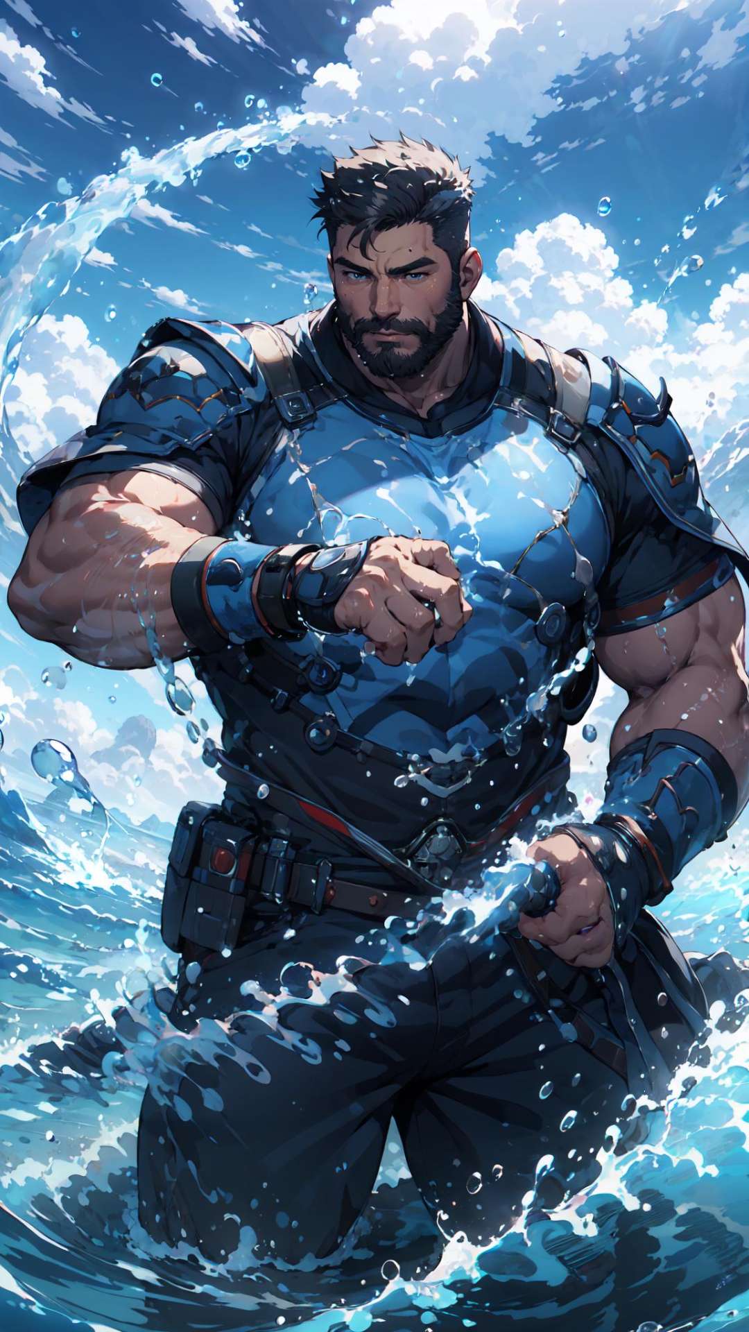 Best quality, masterpiece, ultra high res, detailed background, game_cg, muscular male, mature male, bara stocky, thick arms, thick thighs, Magician, <lyco:NiJiMaleV2-10:0.5>, <lyco:GoodHands-beta2:1>, Current agitation, Above the clouds, Water flows around the body, Magic water drops, yushuishu, water, 