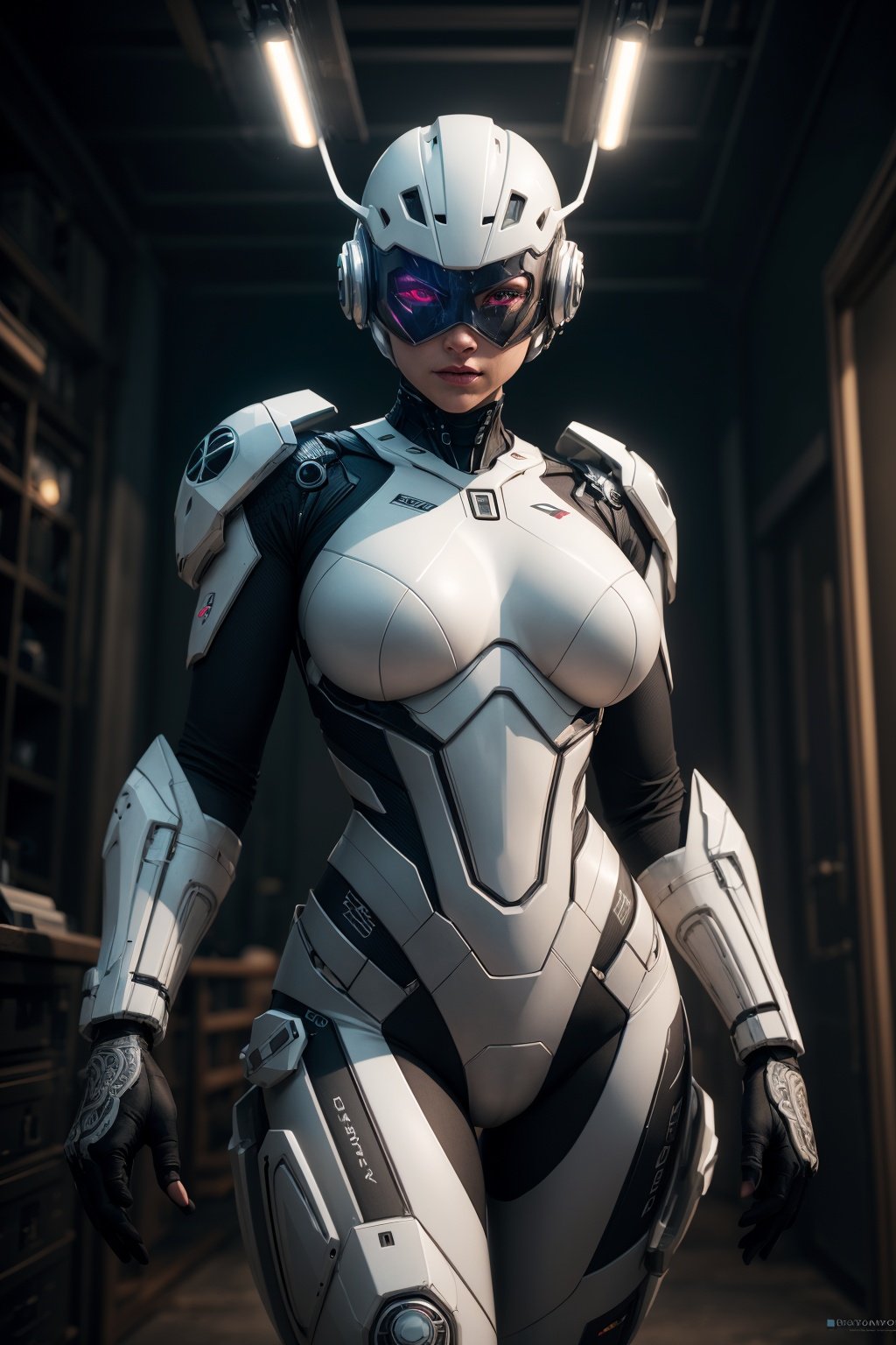 armed female figure in a white sci-fi suit, detailed cyber helmet, bald head, lights on cyber mask, a lot of fine details, commercial photography, domina, hyperrealistic poster, hypermaximalist, ornate, luxury, ominous, cgsociety, studio light, 8k, high resolution photography, professional color grading, photorealism, highest quality, highest detail, Cinematic, Long Exposure, 8K, Ultra-HD, Cinematic Lighting, insanely detailed and intricate