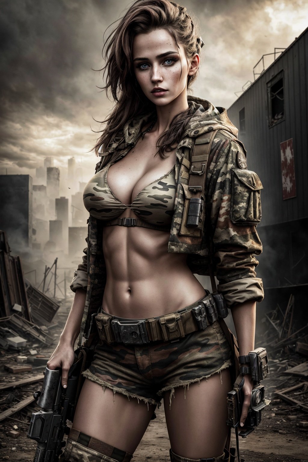 Best Quality, Masterpiece, Ultra High Resolution, post war Background, 24 year old fit female wearing Apocalyptic clothing, large breast, skinny waist, large hip, ripped camo clothe, Apocalyptic bakcpack, Apocalyptic distressed clothing, HDR, hyper resolution, 8k resolution, weapon, cowboy shot, ultra detailed eyes, clear eyes