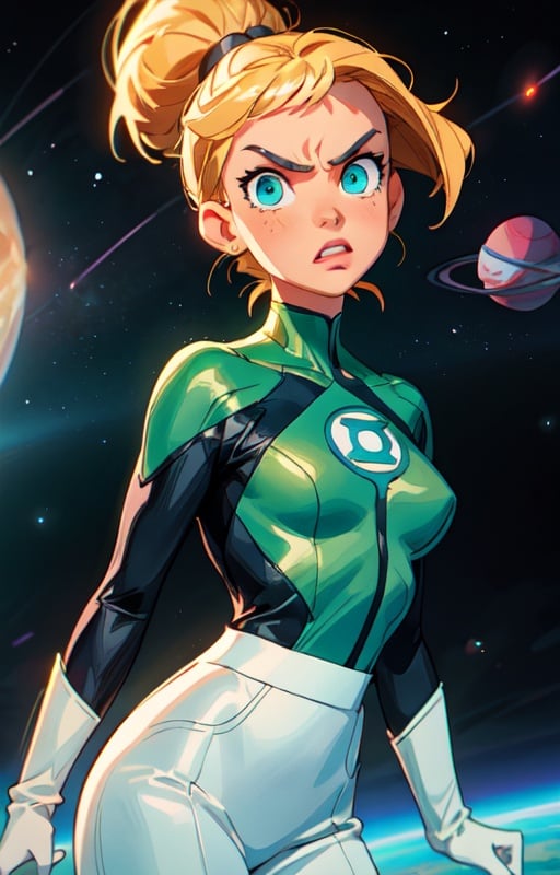 1girl, (short blondie hair:1),(high ponytail:1),blue eyes,uniform_green lantern_DCcomics:1,hal jordan, white bodysuit,((tight green skirt)), white gloves,slim waist, looking at viewer, solo, upper body,(masterpiece:1.4),(best quality:1.4),red lips,parted lips,dramatic shadows,extremely_beautiful_detailed_anime_face_and_eyes,an extremely delicate and beautiful,dynamic angle, cinematic camera, dynamic pose,depth of field,chromatic aberration,backlighting,Watercolor, Ink, epic, candystyle,angry,cute,vibrant,colorful,space,pop,