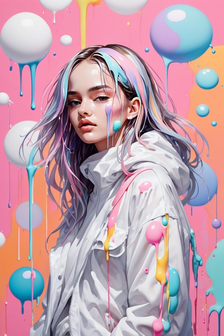 dripping paint,abstract,gouche,white,totally white,pastel colors,(bubble drip)1girl with techwear clothes,sexy,circular shapes on background,melt,vaporwave style,beautymix,kristinapimenova