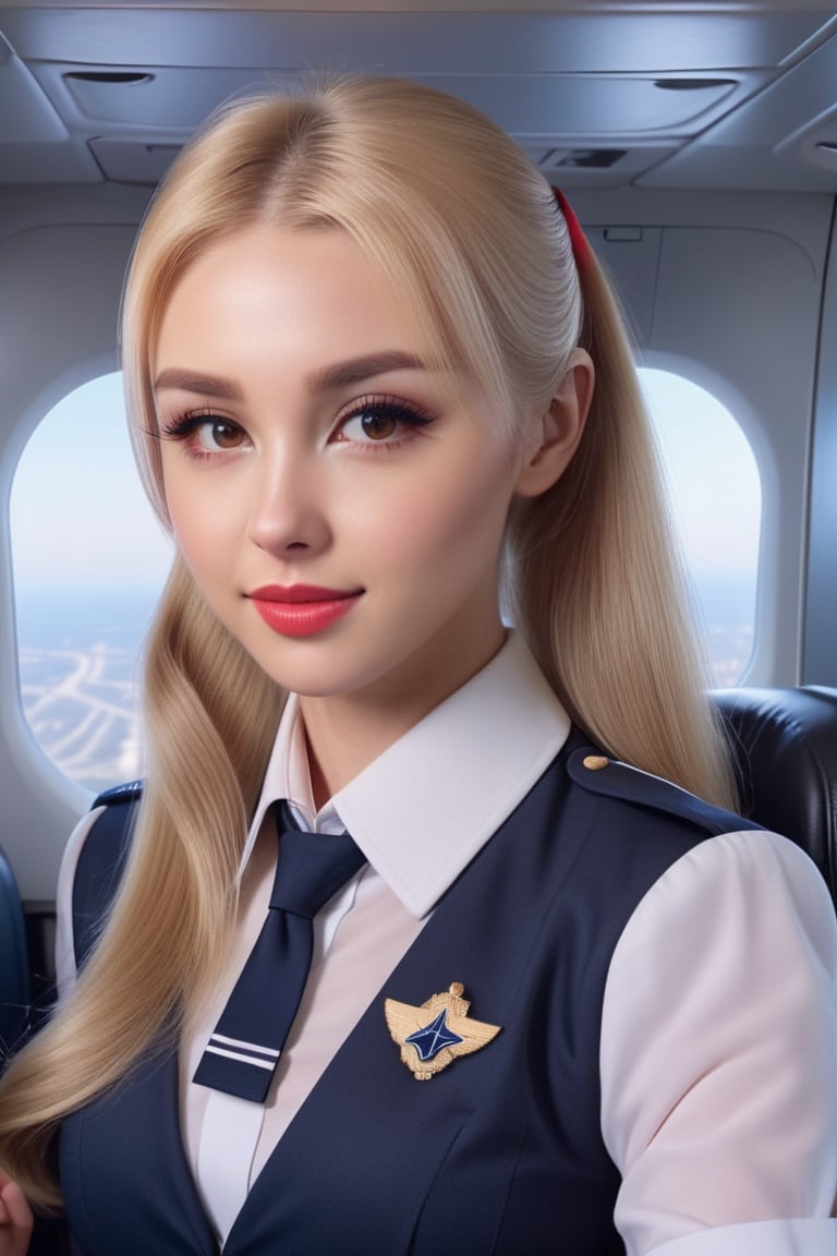 Habsome stewardess with long blonde hair and a ponytail in stewardess uniform,flirting,photo realistic,4k details,ultra details,dynamic lighting,cinematic,8k ultra fine detail,masterpiece,elina,Movie Still