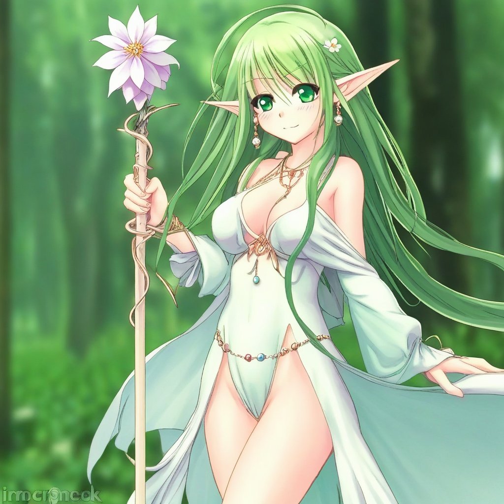 ogc,1girl, bangs, blurry, blurry_background, blurry_foreground, breasts, closed_mouth, depth_of_field, dress, dutch_angle, earrings, elf, eyebrows_visible_through_hair, flower, green_eyes, green_hair, holding_staff, jewelry, long_hair, long_pointy_ears, looking_at_viewer, medium_breasts, motion_blur, nature, outdoors, pointy_ears, rena_erindel, smile, solo, staff, standing, very_long_hair, watermark, white_flower