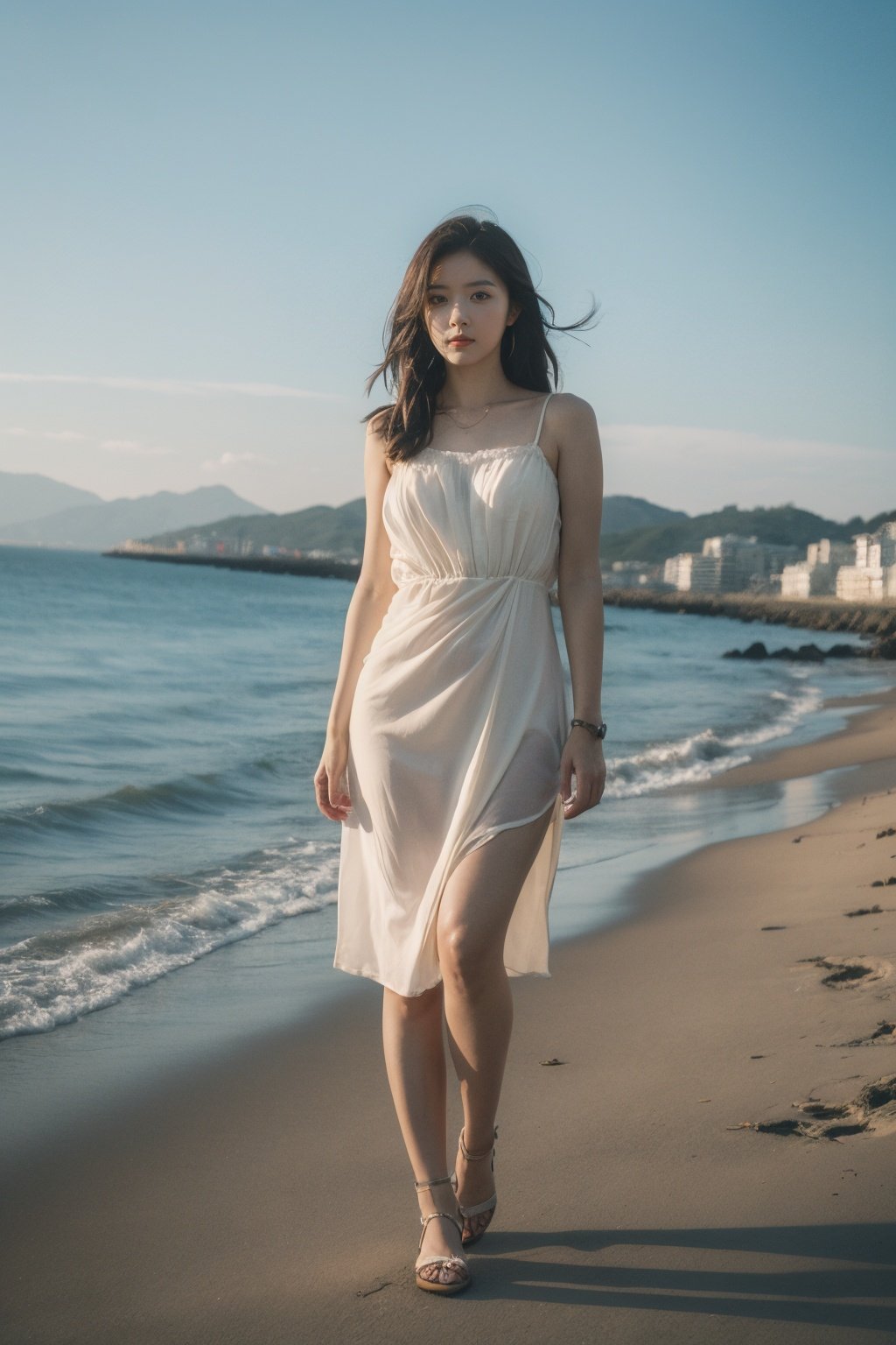 Best Quality,Masterpiece,Ultra High Resolution,(Realisticity:1.4),Original Photo,Cinematic Lighting,1Girl,shadow,full body,seaside,