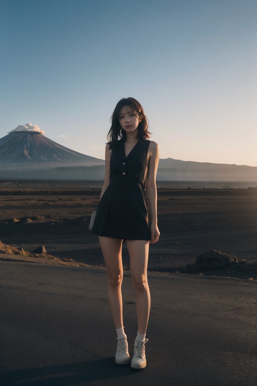 Best Quality,Masterpiece,Ultra High Resolution,(Realisticity:1.4),Original Photo,Cinematic Lighting,1Girl,shadow,full body,volcano,magma,