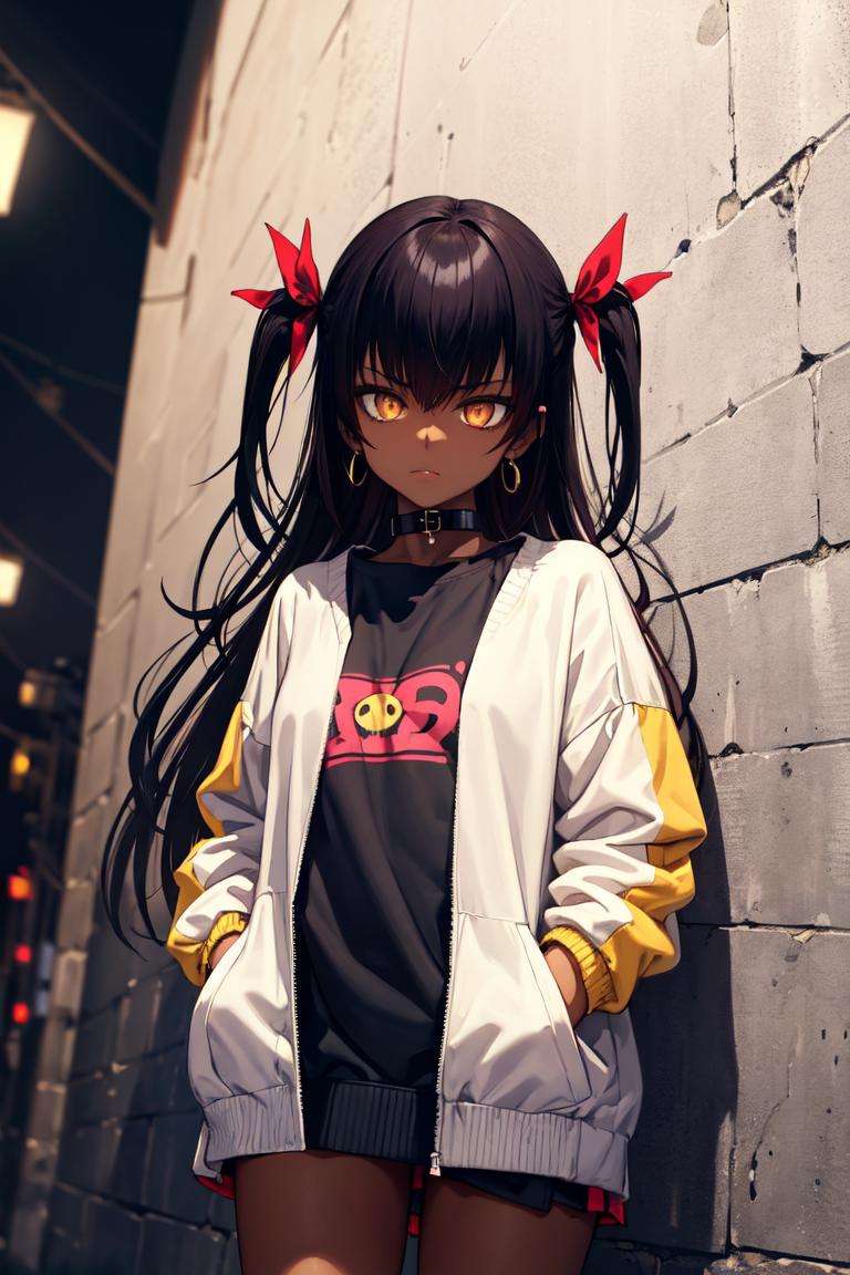 masterpiece, best quality, absurdres, perfect anatomy, 1girl, solo, MasterNemesis, dark skin, long hair, two side up, hair ribbon, earrings, sharp eyes, choker, neon shirt, open jacket, turtleneck sweater, night, against wall, brick wall, graffiti, dim lighting, alley, looking at viewer, <lora:MasterNemesis:1>