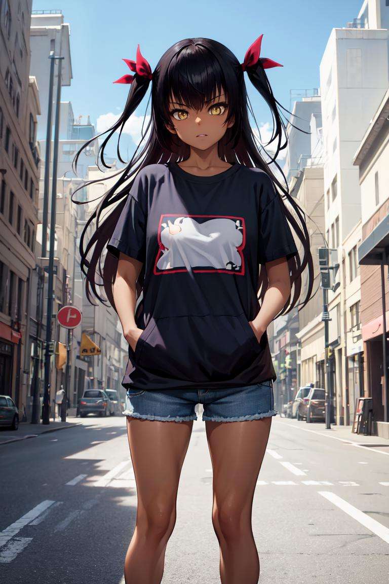 masterpiece, best quality, absurdres, perfect anatomy, 1girl, solo, MasterNemesis, dark skin, long hair, two side up, hair ribbon, graphic tee, denim shorts, standing, outdoors, city, hands in pockets, <lora:MasterNemesis:1>