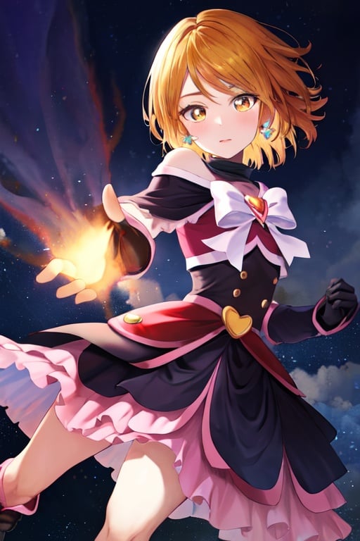 masterpiece, best quality, highres, 1girl, solo, cowboy shot, nagisa, brown eyes, brown hair, dress, short hair, magical girl, black shirt, black skirt, gloves, black footwear, brooch