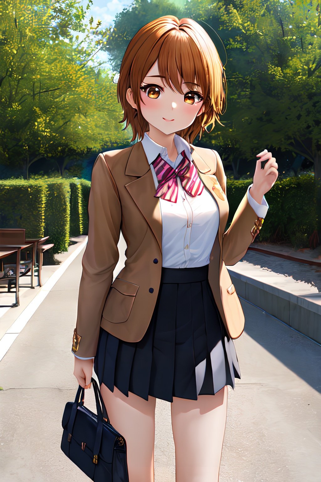 masterpiece, best quality, highres, 1girl, solo, cowboy shot, nagisa, brown eyes, brown hair, short hair, school uniform, brown jacket