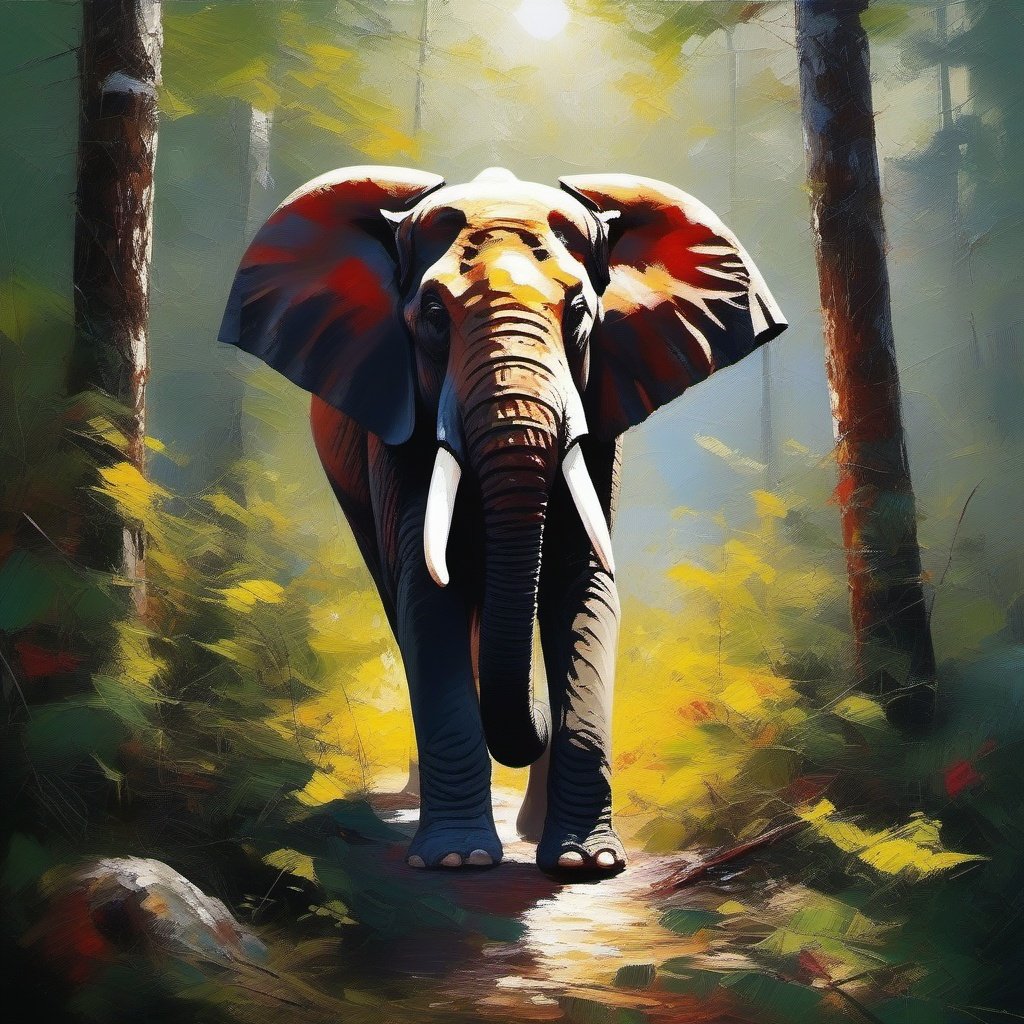 Palette knife oil painting , an elephant , in the forest , sun , beautiful , ultra clear, beautiful , unreal engine 5 