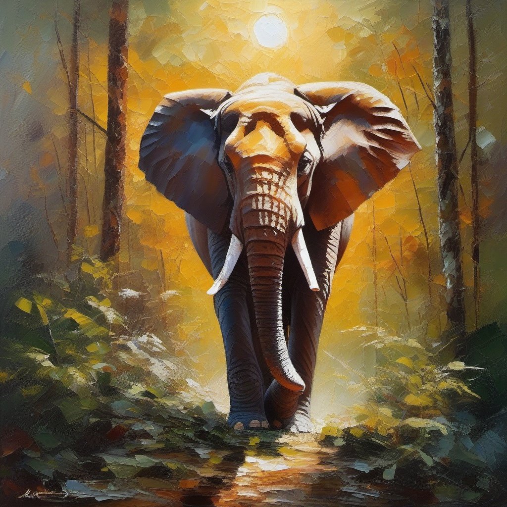 Palette knife oil painting , an elephant , in the forest , sun , beautiful , ultra clear, beautiful , unreal engine 5 