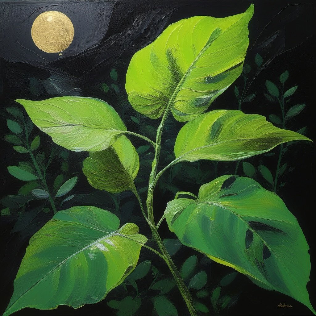 
green flower , foreground, stem and dark leaves, large leaf, slime green leafs, at night, golden ratio, acrylic palette knife, style of  genshin impact 