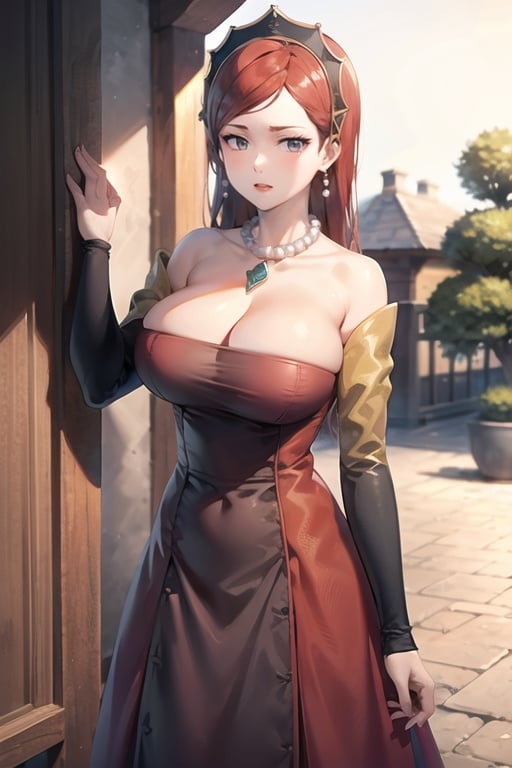 Hilda_aiwaifu,long hair,jewelry,earrings,red hair,necklace,makeup,large breasts,pearl necklace,gem,lipstick,grey eyes,hairband,collarbone,hairband,bangs,red lips,bare shoulders,cleavage,dress,red dress,detached sleeves,strapless,tiara,long dress,strapless dress, red dress, off_shoulder, 

masterpiece,best quality,ultra detailed, 8k, 4k,highly detailed, scenery,pose,solo,