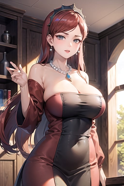 Hilda_aiwaifu,long hair,jewelry,earrings,red hair,necklace,makeup,large breasts,pearl necklace,gem,lipstick,grey eyes,hairband,collarbone,hairband,bangs,red lips,bare shoulders,cleavage,dress,red dress,detached sleeves,strapless,tiara,long dress,strapless dress, red dress, off_shoulder, 

masterpiece,best quality,ultra detailed, 8k, 4k,highly detailed, scenery,pose,solo,