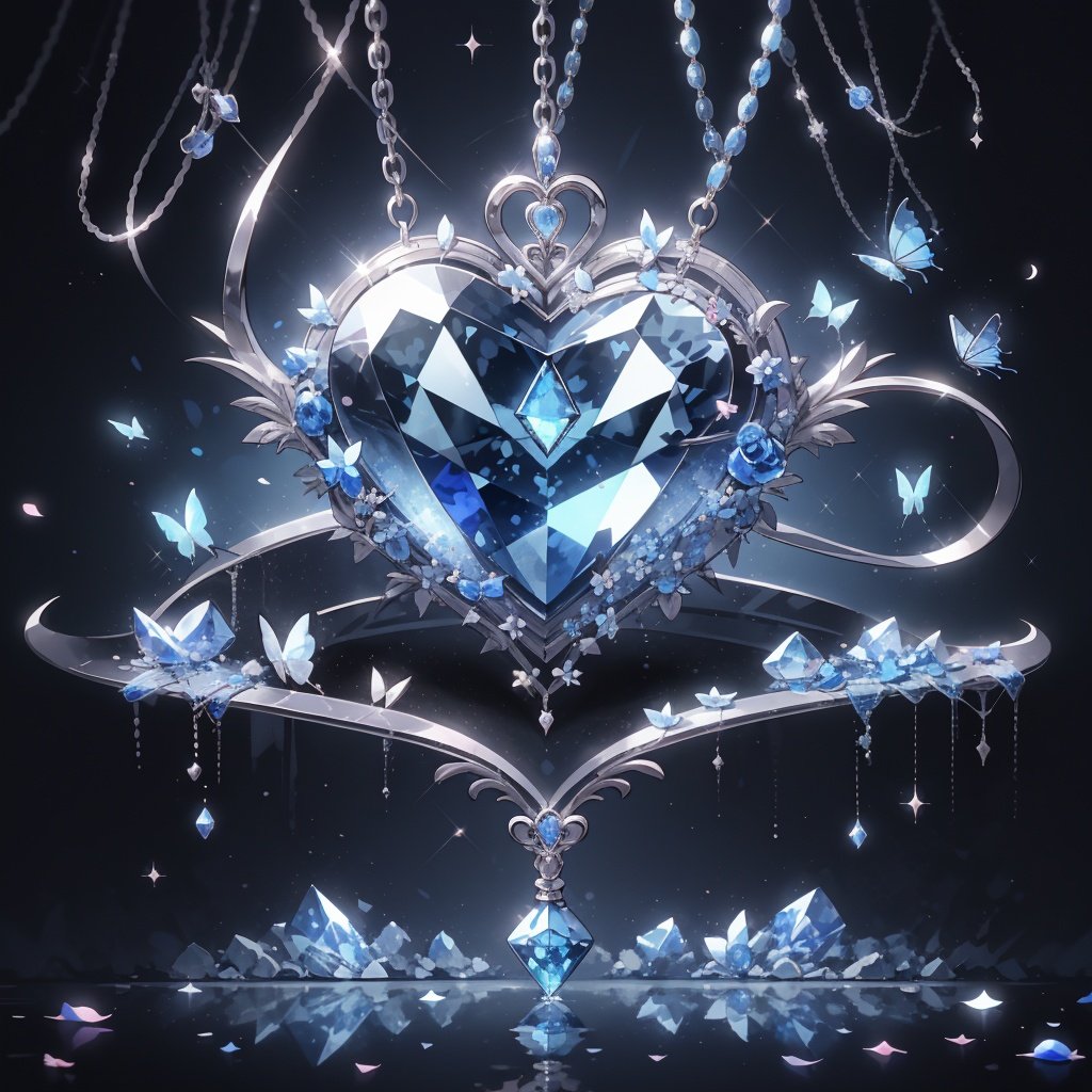 nijinecklace,crescent,no humans, heart, still life, sparkle, blue gem, hang,broken, blue crystal, silver diamond,petals,reflection,lighting,depth of field,rose,butterfly,flower,water