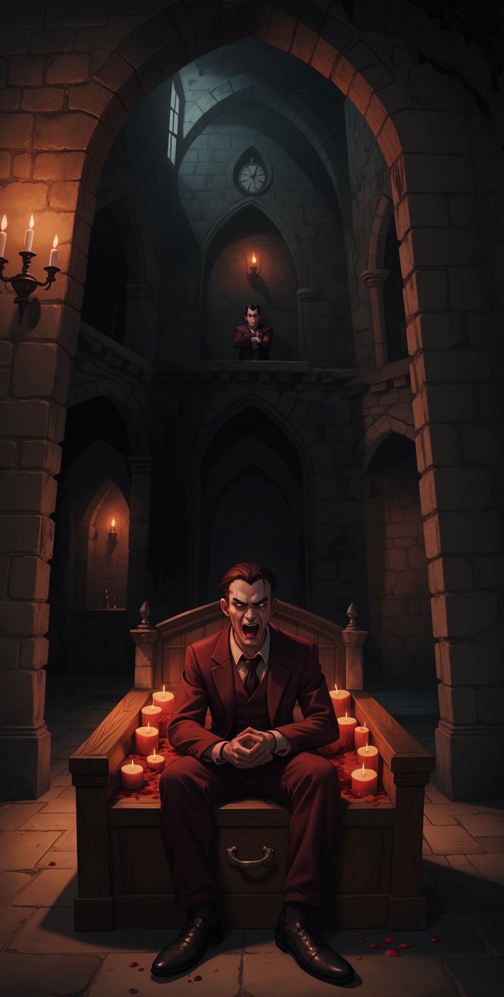 a angry smiling male vampire sitting in a coffin, in castle,bloody