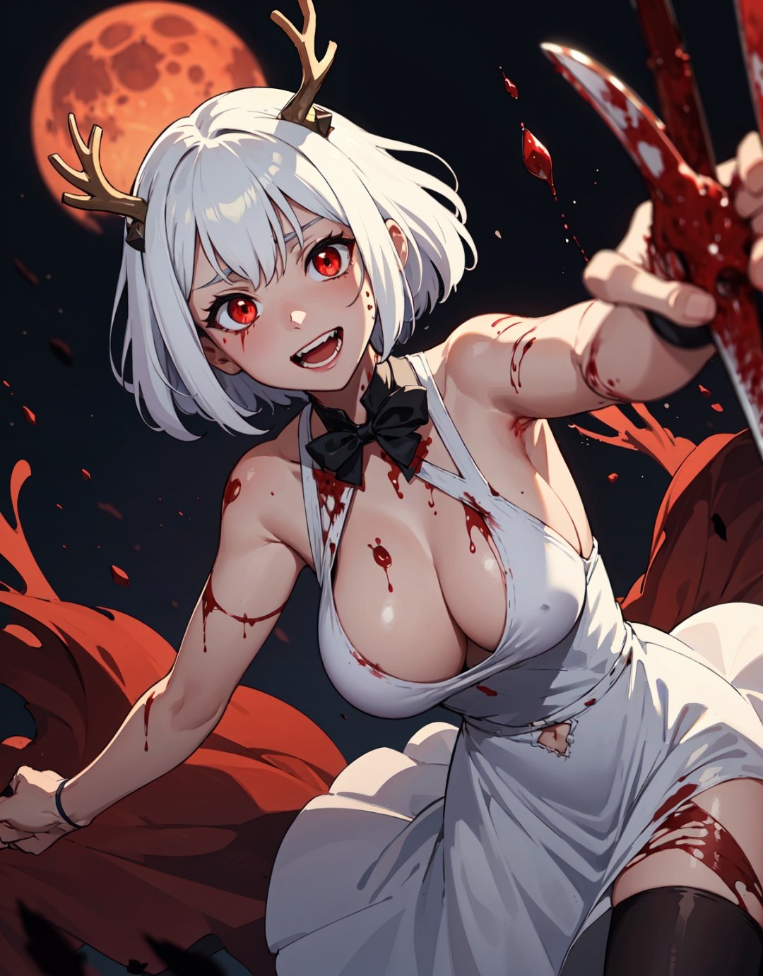 masterpiece, best quality, 1girl, windigo girl, bloody antlers, psychotic, crazy, holding a knife, wearing a white dress, with white hair, messy hair, big boobs, red glowing eyes, big smile, bleeding, with blood stains on her dress, with blood stains on her skin, menacing pose, dark background, night time, glowing blood moon in the background, masterpiece,