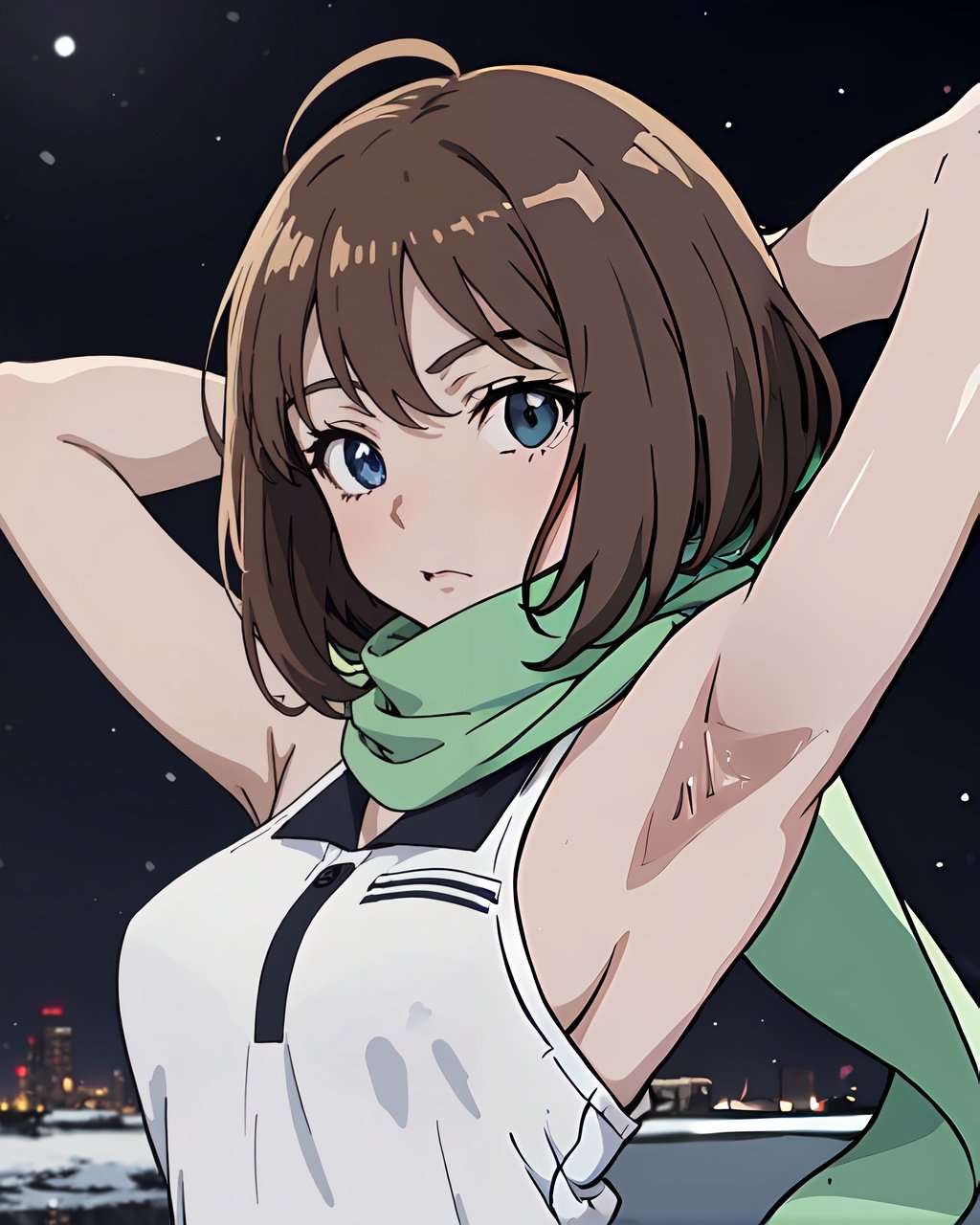 masterpiece, best quality, 1girl, in the snows, tight polo, upper body, sideways, sci-fi, beautiful eyes, brown hair, pixie cut hair, arms raised, armpits, scarf, looking at the viewer,, (night:1.5), (anime:1.5)