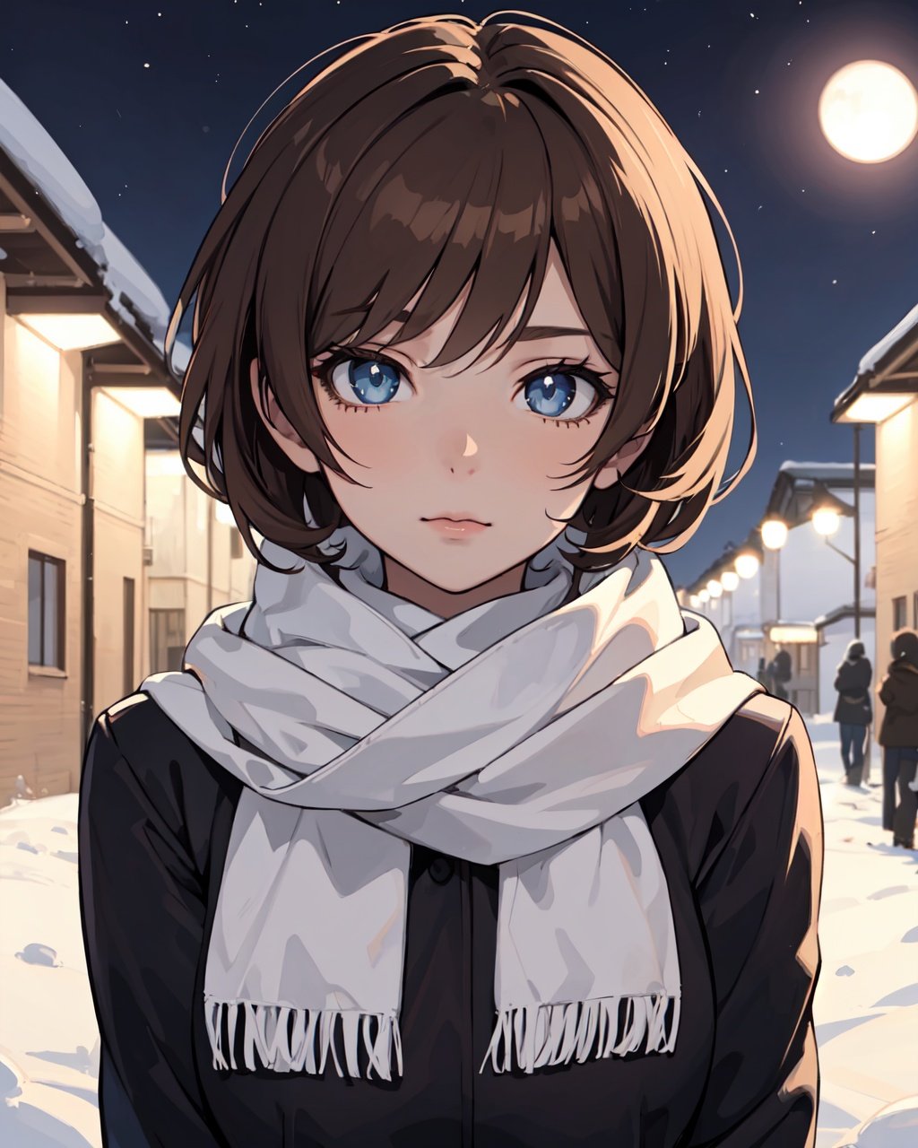 masterpiece, best quality, 1girl, in the snows, tight polo, upper body, sideways, sci-fi, beautiful eyes, brown hair, pixie cut hair, scarf, looking at the viewer,, (night:1.5), (anime:1)