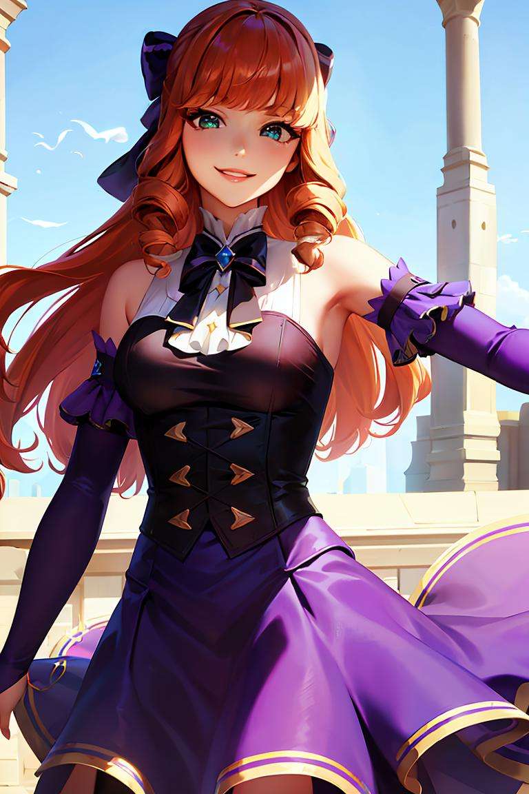 ((masterpiece,best quality)), absurdres, <lora:Guinevere_ML:0.7>, Guinevere_ML, solo, smiling, long purple dress, looking at viewer, cowboy shot, cinematic composition, dynamic pose