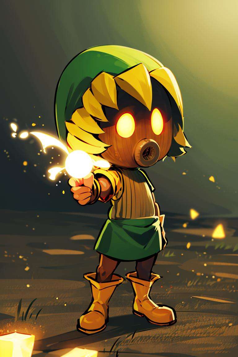 ((masterpiece,best quality)), absurdres, <lora:Deku_Link_Zelda:0.7>, Deku_Link_Zelda, solo, 1boy, blonde, glowing eyes, yellow_eyes, brown boots, looking at viewer, cinematic composition,