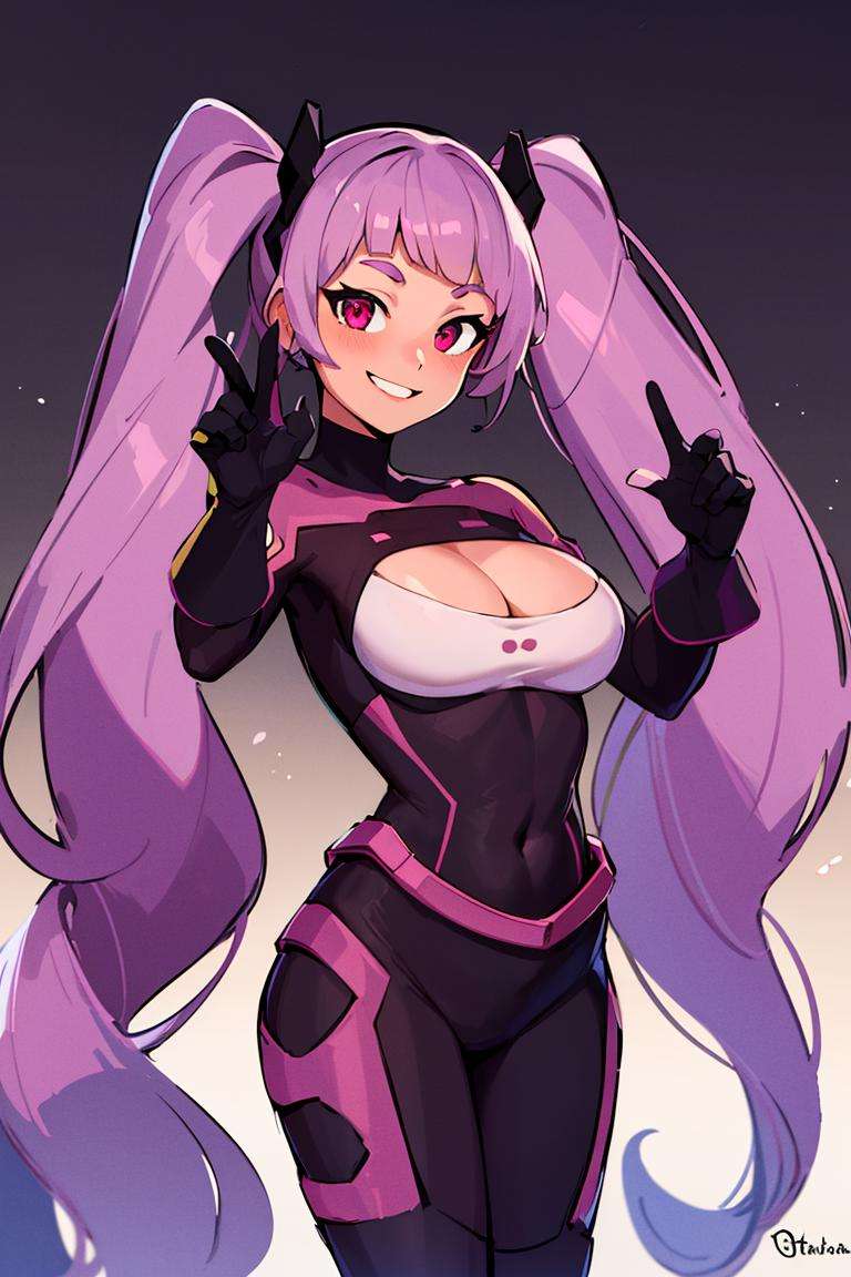 ((masterpiece,best quality)), absurdres, <lora:Entrapta_Shera:0.6>, Entrapta_Shera, solo, twintails, smiling, looking at viewer, cowboy shot, cinematic composition, dynamic pose