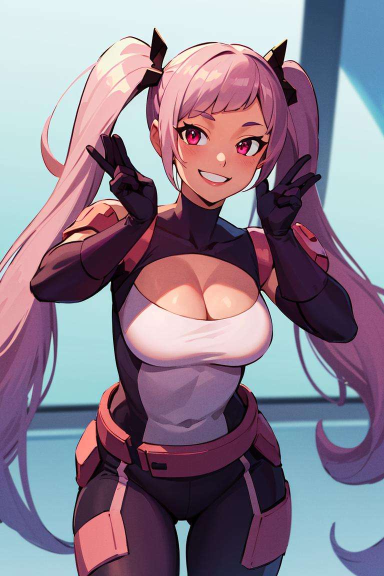 ((masterpiece,best quality)), absurdres, <lora:Entrapta_Shera:0.6>, Entrapta_Shera, solo, twintails, smiling, looking at viewer, cowboy shot, cinematic composition, dynamic pose