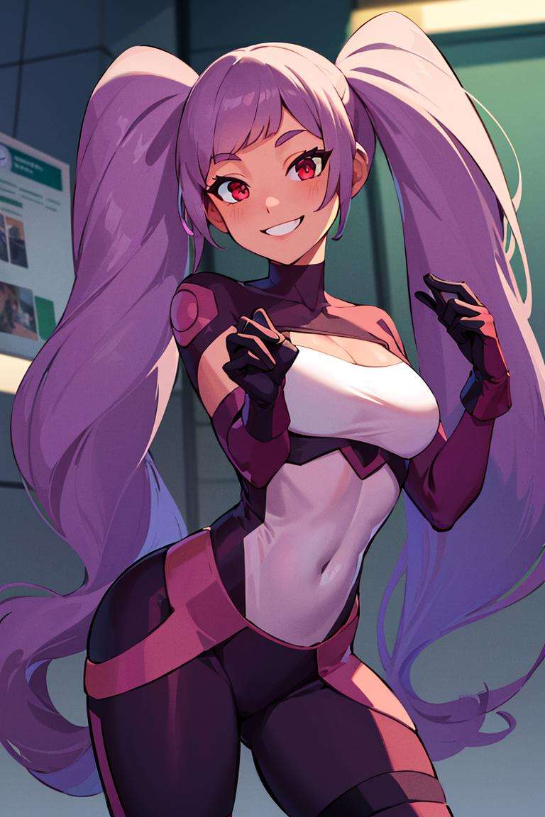 ((masterpiece,best quality)), absurdres, <lora:Entrapta_Shera:0.6>, Entrapta_Shera, solo, twintails, smiling, looking at viewer, cowboy shot, cinematic composition, dynamic pose