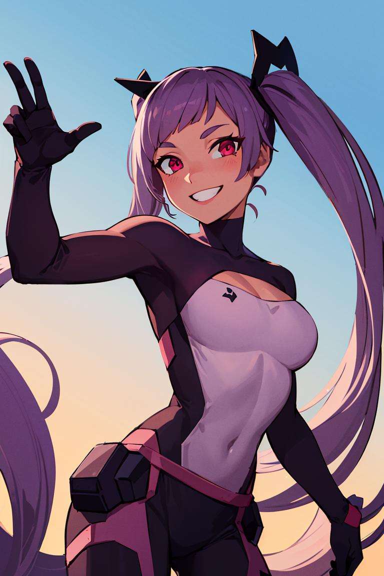 ((masterpiece,best quality)), absurdres, <lora:Entrapta_Shera:0.6>, Entrapta_Shera, solo, twintails, smiling, looking at viewer, cowboy shot, cinematic composition, dynamic pose