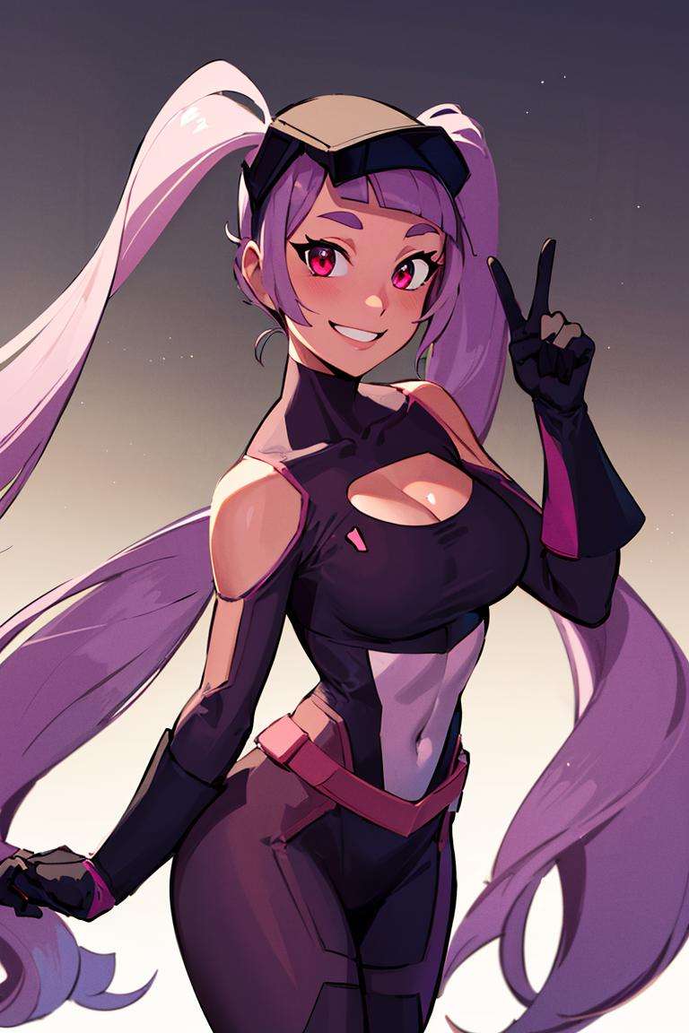 ((masterpiece,best quality)), absurdres, <lora:Entrapta_Shera:0.6>, Entrapta_Shera, solo, twintails, smiling, looking at viewer, cowboy shot, cinematic composition, dynamic pose