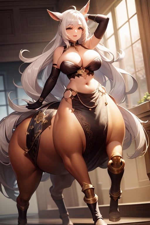 female_solo, curvaceous, masterpiece, big_breasts, defined, happy, clear_skin, glow, golden_eyes, white_hair, long_hair,  clear face, flawless, flawless face, centaur, taur, 4 legs, two arms