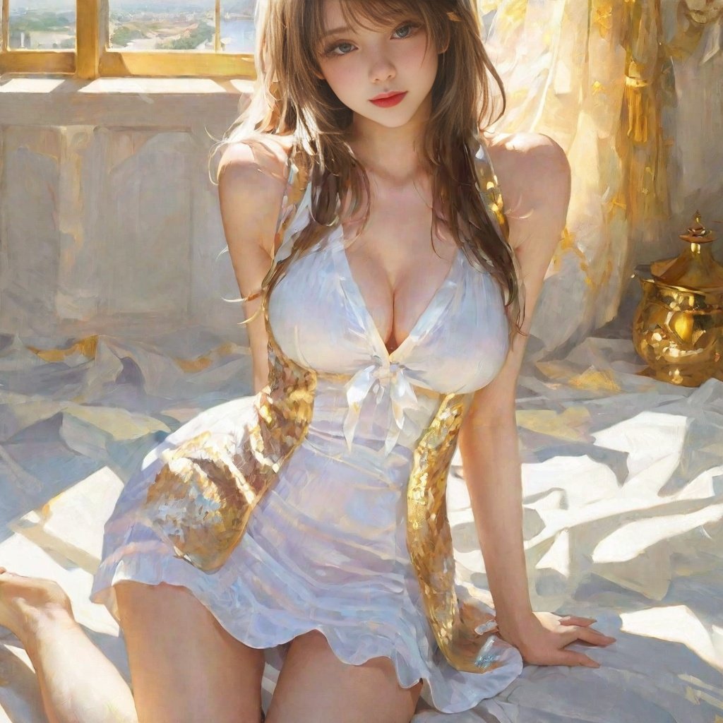 （oil_painting,highres), absurdres,award-winning illustration, (intricate details:1.2), Picture texture, (hazy beauty)，(cinematic light:1.2, best quality Backlights:1.21), clear line,looking_at_viewer，full_shot，((full_body)),(Show Thighs),(pure_background)1girl,thin waist, bishoujo，petite，a 15 years old girl,smaller head,disheveled_hair, fashion girl, beautiful eyes, (gigantic_breasts:1.2, small areolae),  milky skin，cleavage，living_hair，sleeveless_dress,white,gold,face: <lora:nwsj_xl_v2:0.6>,legs_up,