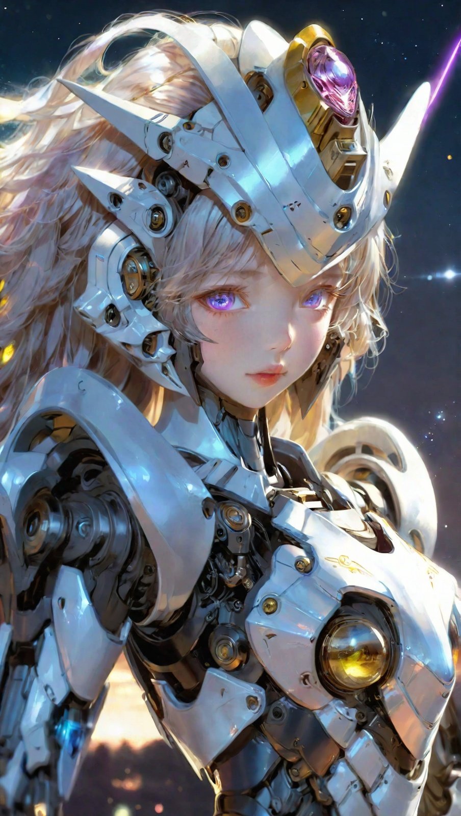 masterpiece,best quality,ultra-detailed,very detailed illustrations,extremely detailed,half-mach,intricate details,highres,super complex details,extremely detailed 8k cg wallpaper,cowboy shot, caustics,reflection,ray tracing,demontheme,nebula,dark aura,cyber effect, (1girl:1.4),solo,alone,mecha musume,mechanical parts, robot joints,single mechanical arm, headgear, mechanical halo,star halo,intricate mechanical bodysuit, mecha corset, full armor, very long hair,white hair, hair between eyes, multicolored hair, colored inner hair, glowing eye,eye trail, random expressions,random action, pond, starry sky,skyline,11,1girl,FUJI,FilmGirl,xiaoyi