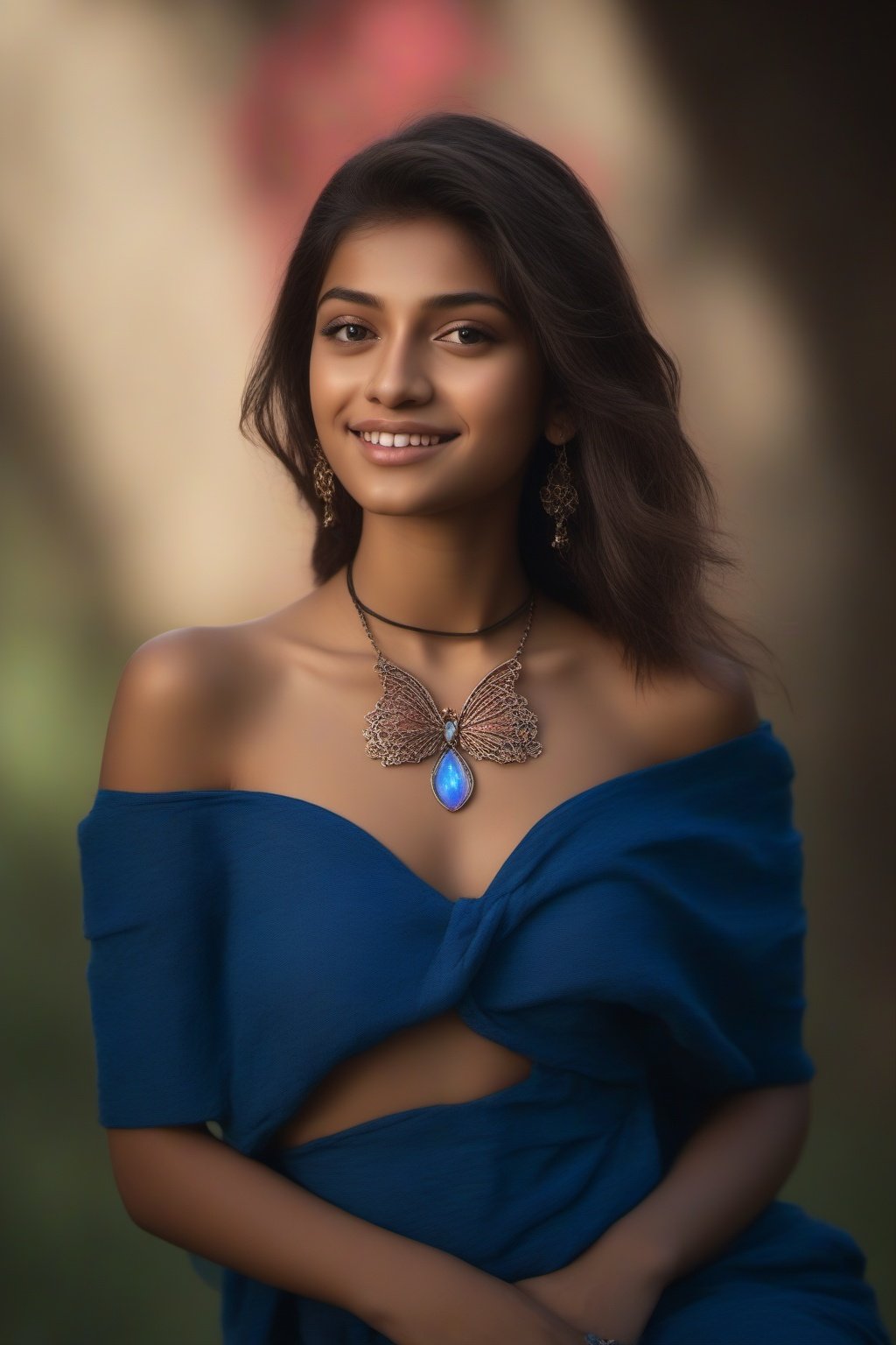 egytian teen barely clothed, torn clothes, glowing moonstone necklace, looking at viewer, sparkling light eyes, smiling,soft lighting, sharp focus, (bokeh:1.5), light from the front, bloom, cinematic lighting, light on face, Volumetric lighting, (Depth of field:1.2), BREAK 1 petite indian girl blushing, happy, whole body, sitting on grass,leaning back open legs,(((barely clothed, torn clothes))), off shoulder, wearing silk top croc, wearing skirt, extremly detailed natural skin with (((hematoms with bruises and flogging straps))),barely clothed torn clothes clothes, extremly detailed natural face, extremly detailed natural body,extremly detailed natural background,extremly detailed perfect feets, extremly detailed perfect hands ,background one magenta and blue butterfly flying, front view, from below, full body shot .,steampunk style,Spirit Fox Pendant,3d style,greg rutkowski,ink scenery,Colourful cat 