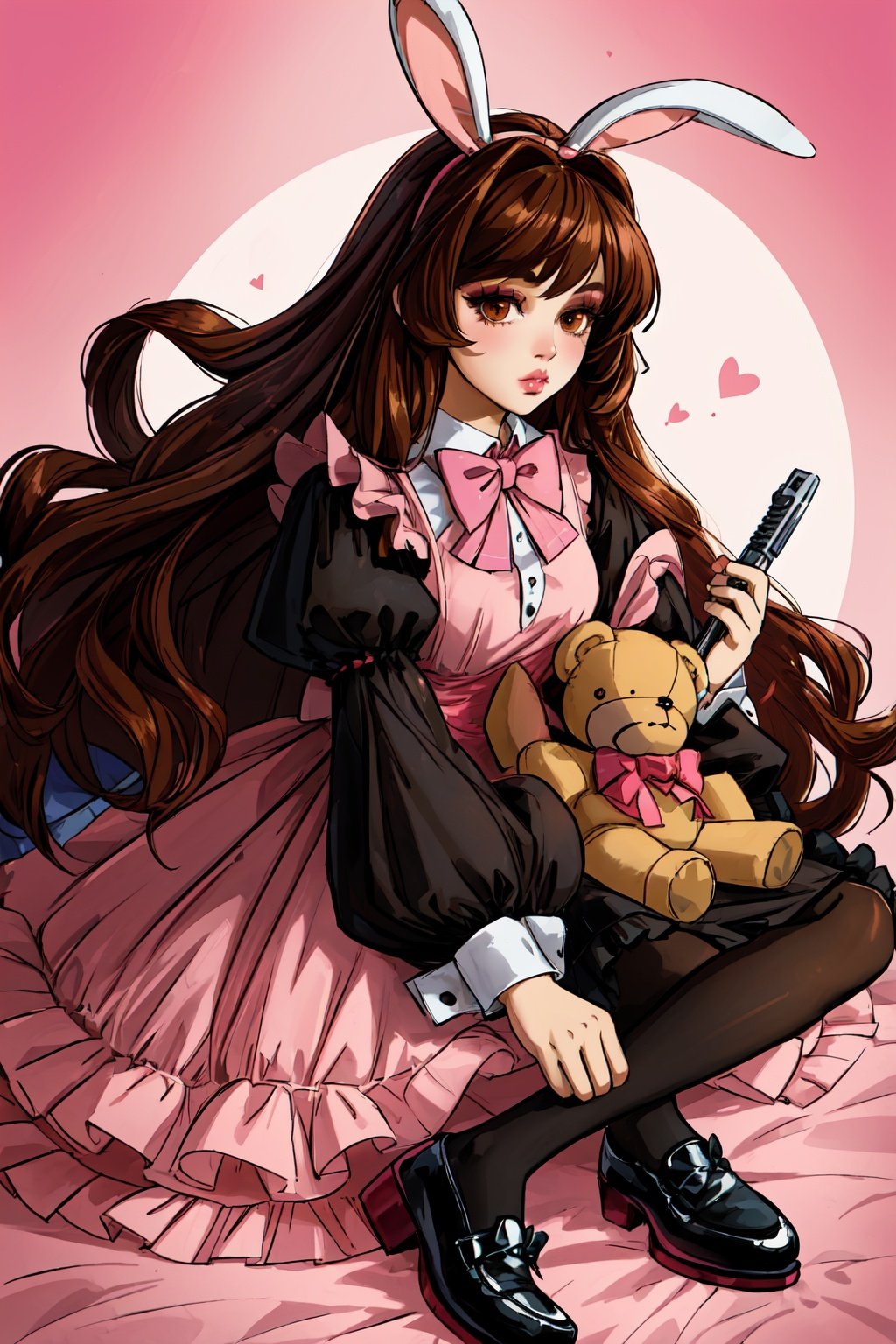 (best quality:1.2), (hyper detailed),1 girl, plush toy, plush animal, solo, teddy bear, bow tie, realistic, long hair, dress, black wavy long hair, plush rabbit, shoes, doll, toy, pink doll dress, box, gun, brown hair, weapon, makeup, scissors, food, lips, brown eyes, instruments, heart 