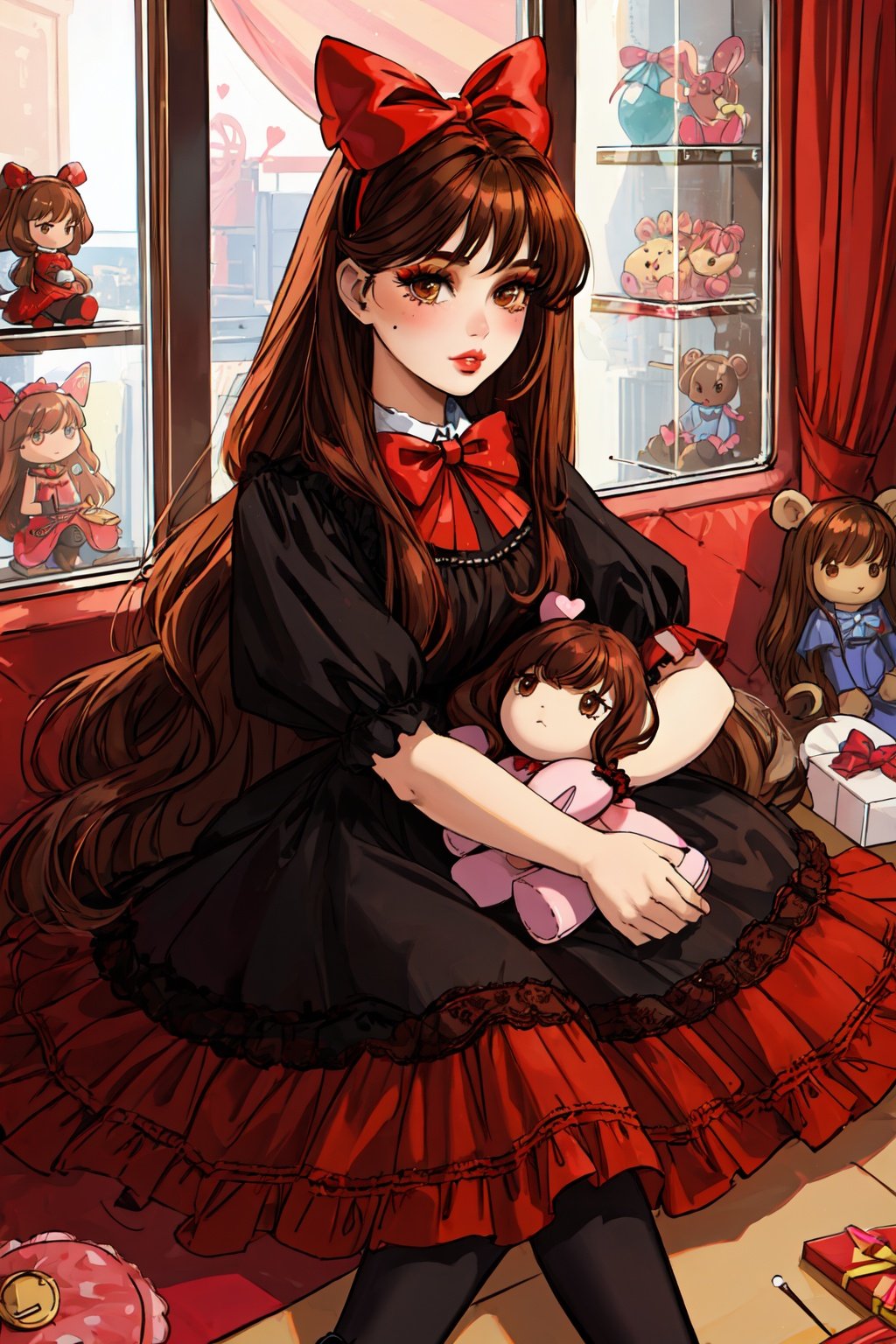 (best quality:1.2), (hyper detailed),1Girl, plush toy, plush animal, solo, teddy bear, shop window, mole under the nose, Barbie gift box, (top bow 2), realistic, long hair, red doll dress, black wavy long hair, plush rabbit, shoes, doll, toy, (red doll dress 1.1.8), box, gun, brown hair, weapon, makeup, scissors, food, lips, brown eyes, instruments, heart，