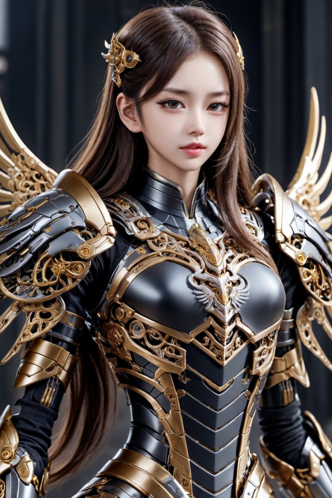 (1girl, looking at viewer), brown long hair, mechanical_wings, dynamic pose, delicate gold filigree, intricate filigree, black metalic parts, golden parts, intricate armor, detailed part, cyborg, Movie Still,ellafreya,candyseul