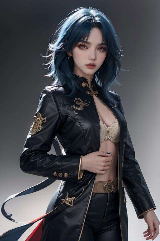 masterpiece, best quality, realistic, 8k, official art, cinematic light, ultra high res, simple background, 1girl, <lora:Blade_FMv13:0.8>,blade,black coat, chinese clothes,bangs,red eyes, blue hair, dynamic pose, looking at viewer, dynamic angles