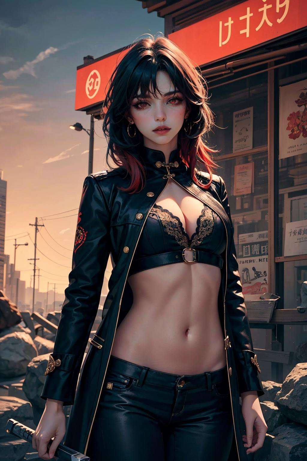 masterpiece, best quality, realistic, 8k, official art, cinematic light, ultra high res,1girl, <lora:Blade_FMv13:0.8>,blade \(hsr\),black coat, chinese clothes,(bangs:1.2),red eyes, pant, dark blue hair,dynamic pose, dynamic angles