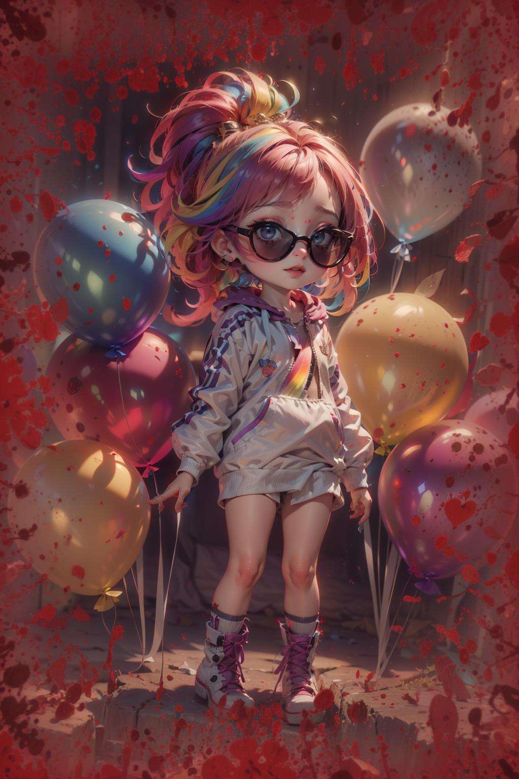 masterpiece, best quality, 1 girl, pretty and cute, (rainbow color Highlight Hair,colorful hair:1.4), wearing blue and purple sunglasses, yellow jacket with white pattern, white sweater, many colored balloons, doll face, ponytail braid, perfect detail eyes, delicate face, perfect cg, HD quality, colored balloons, sky ,black boots,<lora:BloodOnScreenv10:0.9>, BloodOnScreen,