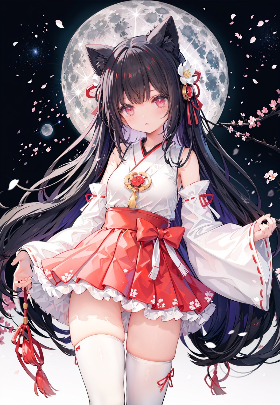 1girl, long hair, solo, thighhighs, black hair, hair ornament, moon, japanese clothes, skirt, detached sleeves, white thighhighs, miko, hakama short skirt, hair flower, very long hair, ribbon trim, ribbon-trimmed legwear, full moon, hakama skirt, hakama, brown eyes, outdoors, night, standing, looking at viewer, flower, hand on hip, tree, red skirt, sky, wide sleeves, smile, ribbon-trimmed sleeves, star (sky), fence, blush, bangs, zettai ryouiki, bare shoulders, night sky, red eyes, nontraditional miko, red hakama, thighs, closed mouth