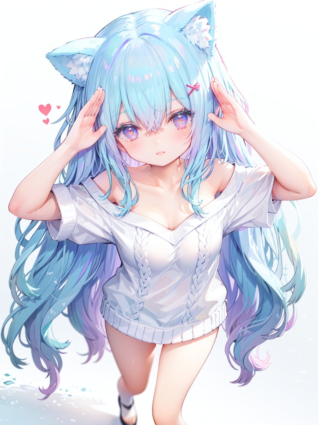 petite, loli, solo, animal ears, heart, puffy short sleeves, blue hair, long hair, off shoulder, bangs, hair ornament, gradient background,rainbow gradient, x hair ornament, animal ear fluff, looking at viewer, very long hair, blush, smile, cat ears, bare shoulders, collarbone, hand up, gradient sweater, hair between eyes, symbol-shaped pupils, arm up, heart-shaped pupils, hairclip, medium breasts, salute, bare legs,full body