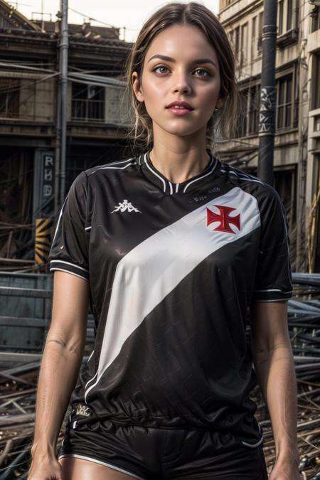 woman wearing vasco jersey, vascojersey, red maltese cross,  at the city, black shorts, masterpiece,  highres, absurdres, perfect face, detailed eyes, detailed face, artstation, stanley artgerm, excellent rendition <lora:Vasco4:0.86>  <lora:add_detail:0.3> <lora:LowRA:0.1>