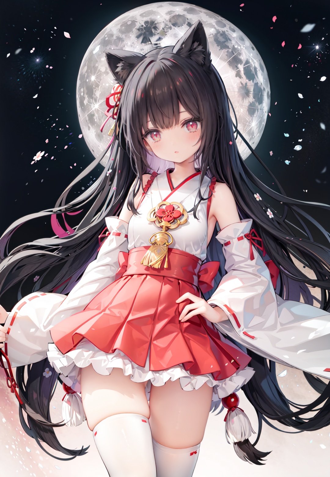 1girl, long hair, solo, thighhighs, black hair, hair ornament, moon, japanese clothes, skirt, detached sleeves, white thighhighs, miko, hakama short skirt, hair flower, very long hair, ribbon trim, ribbon-trimmed legwear, full moon, hakama skirt, hakama, brown eyes, outdoors, night, standing, looking at viewer, flower, hand on hip, tree, red skirt, sky, wide sleeves, smile, ribbon-trimmed sleeves, star (sky), fence, blush, bangs, zettai ryouiki, bare shoulders, night sky, red eyes, nontraditional miko, red hakama, thighs, closed mouth