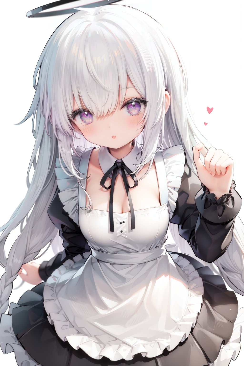 1girl, solo, apron, long hair, hair over one eye, white background, frills, braid, halo, long sleeves, dress, simple background, white hair, white apron, puffy sleeves, very long hair, frilled apron, maid, purple eyes, ribbon, parted lips, maid apron, bangs, juliet sleeves, black dress, neck ribbon, looking at viewer, single braid, blush