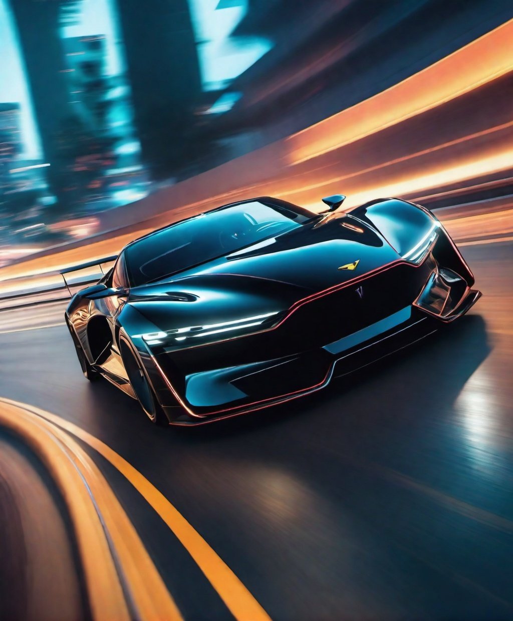 A sleek black sports car speeding down a winding road, beauty light, cyberpunk, 2K, high detail